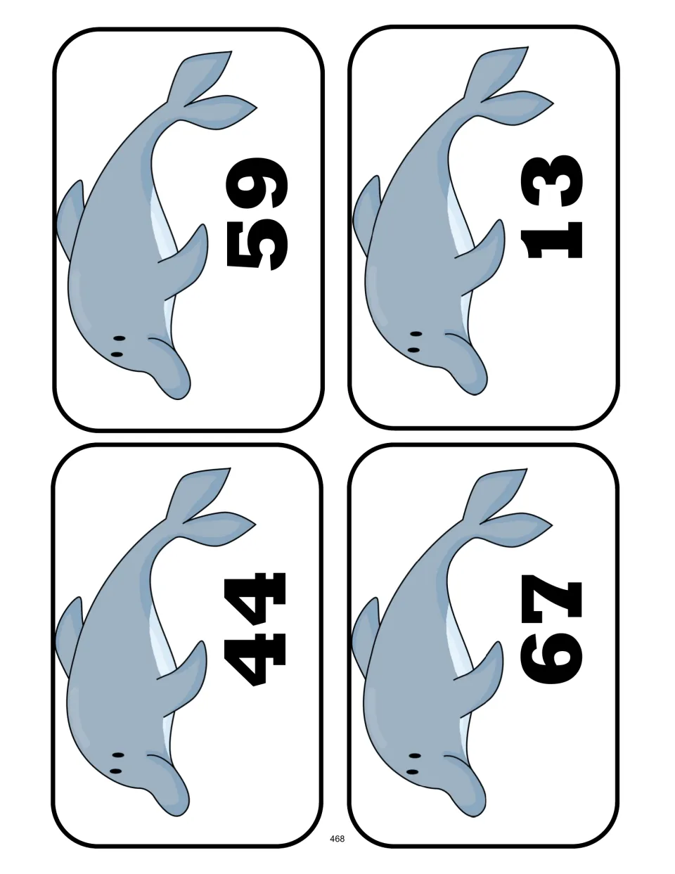 Third sheet of four number cards: 44, 59, 67, and 13, for comparing numbers and sorting above or below 50
