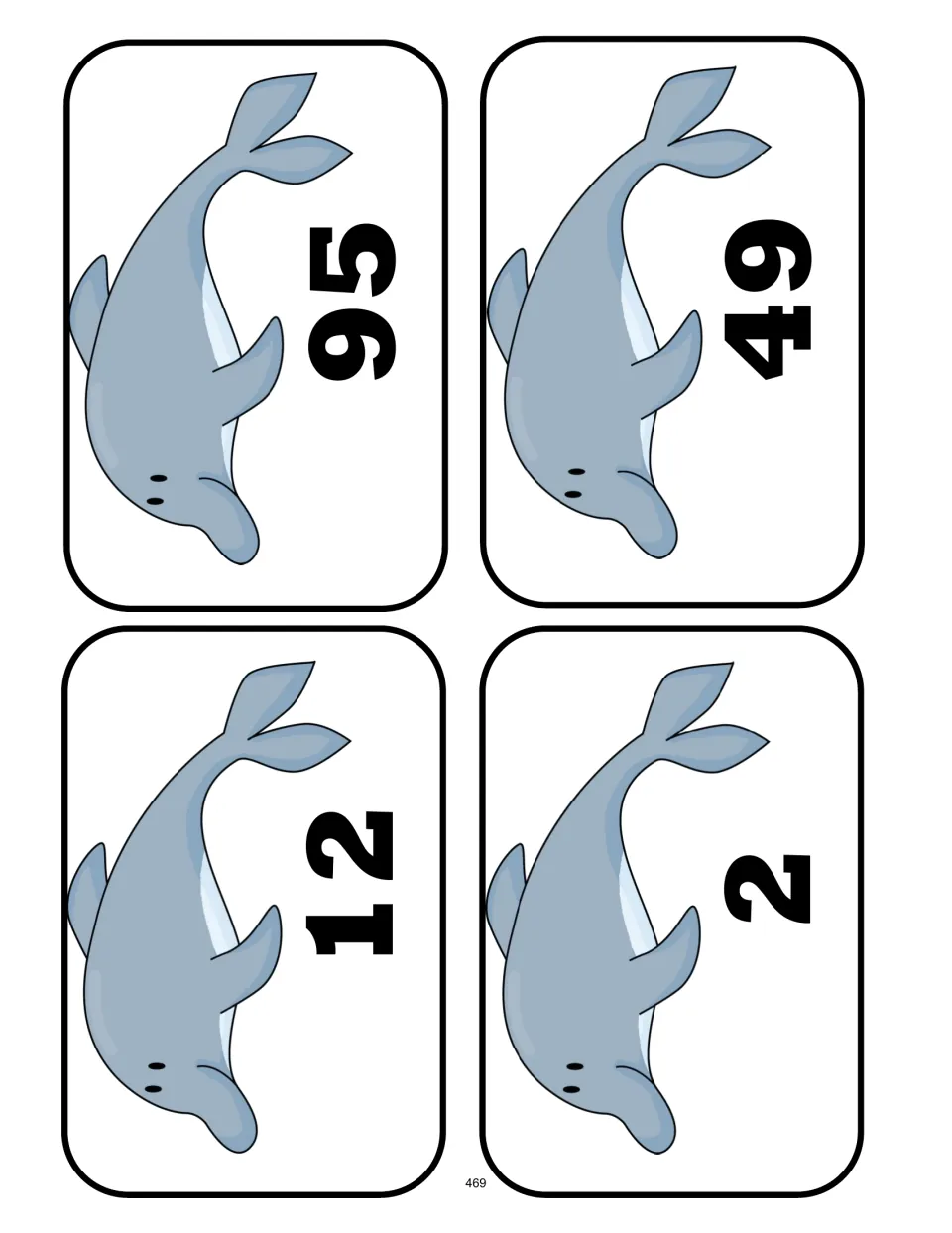 Fourth sheet of four number cards: 12, 95, 2, and 49, for comparing numbers and sorting above or below 50
