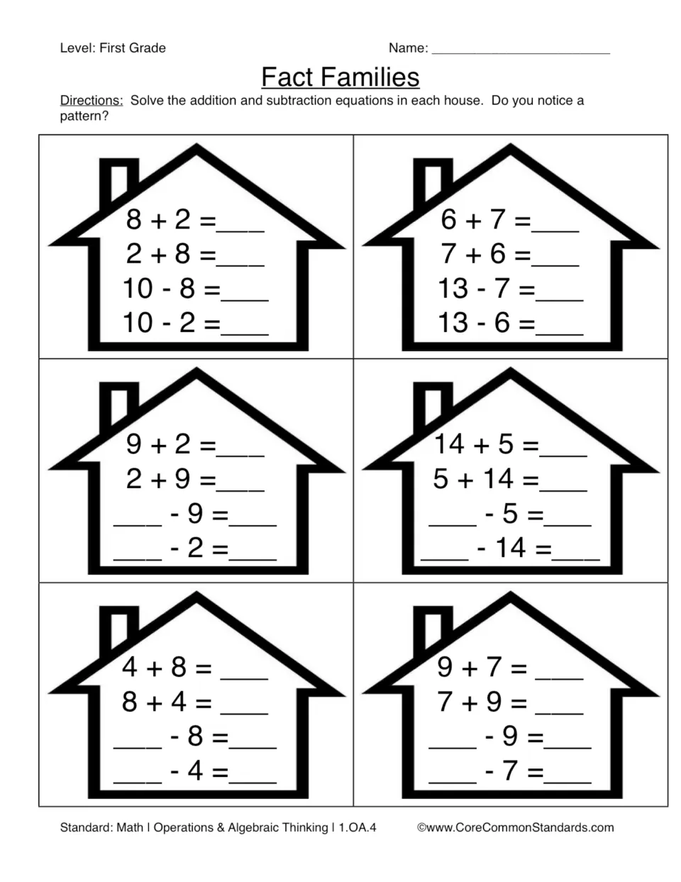 Fact family practice: six sets of addition and subtraction equations using 8 and 2, 6 and 7, and four more.