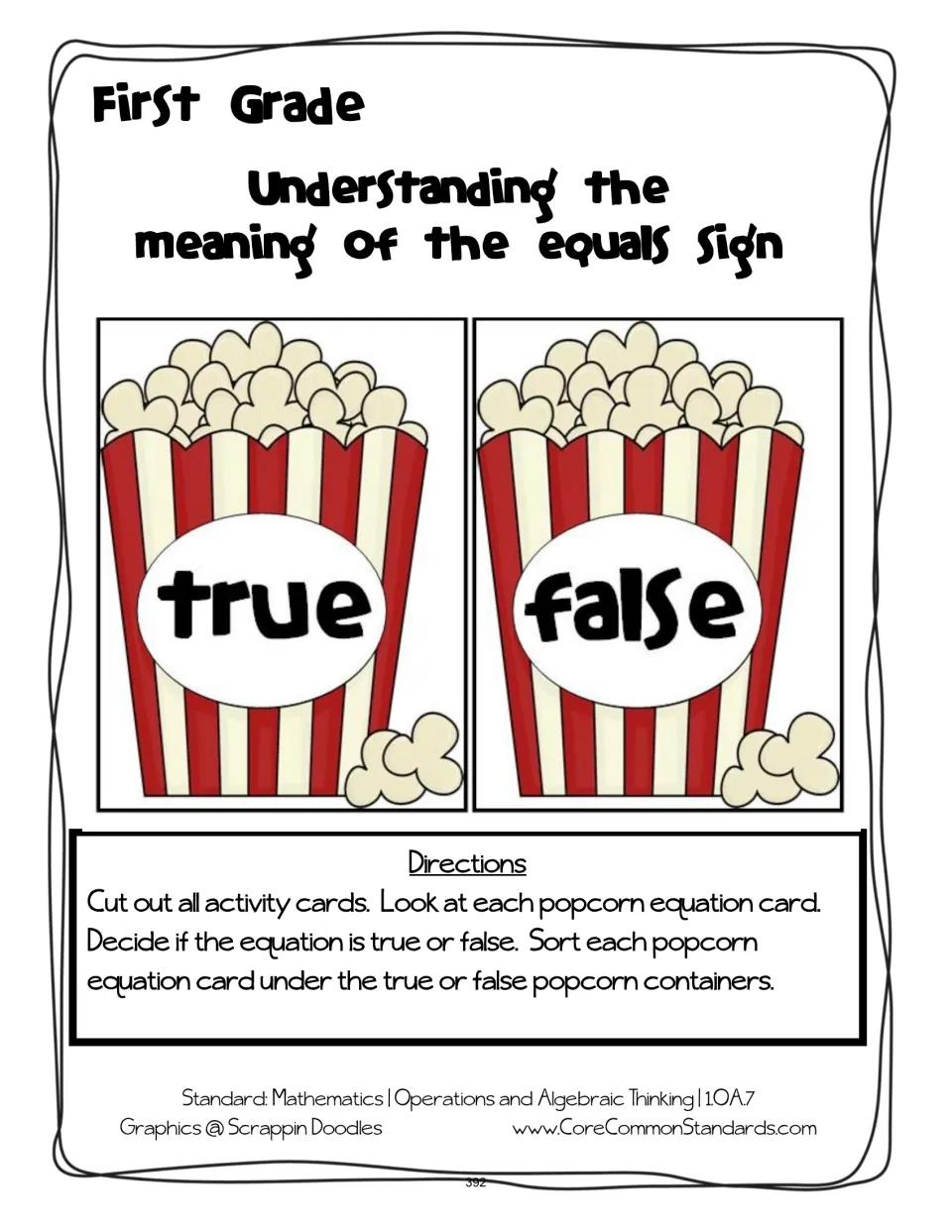 Sorting directions: cut out popcorn equation cards, decide whether each is true or false, and sort by label