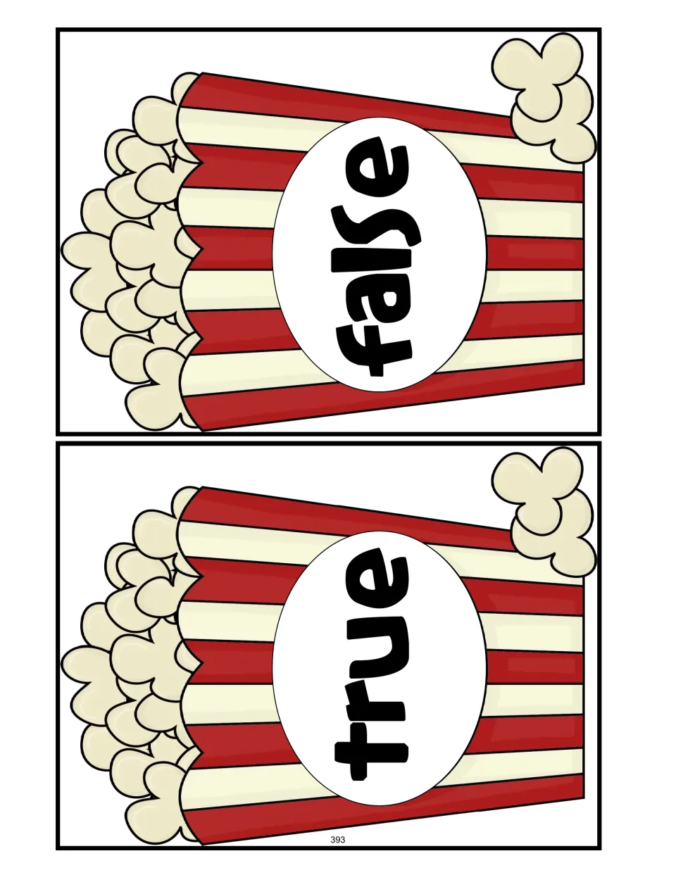Two popcorn container labels marked “true” and “false” for sorting the lesson’s 16 popcorn equation cards