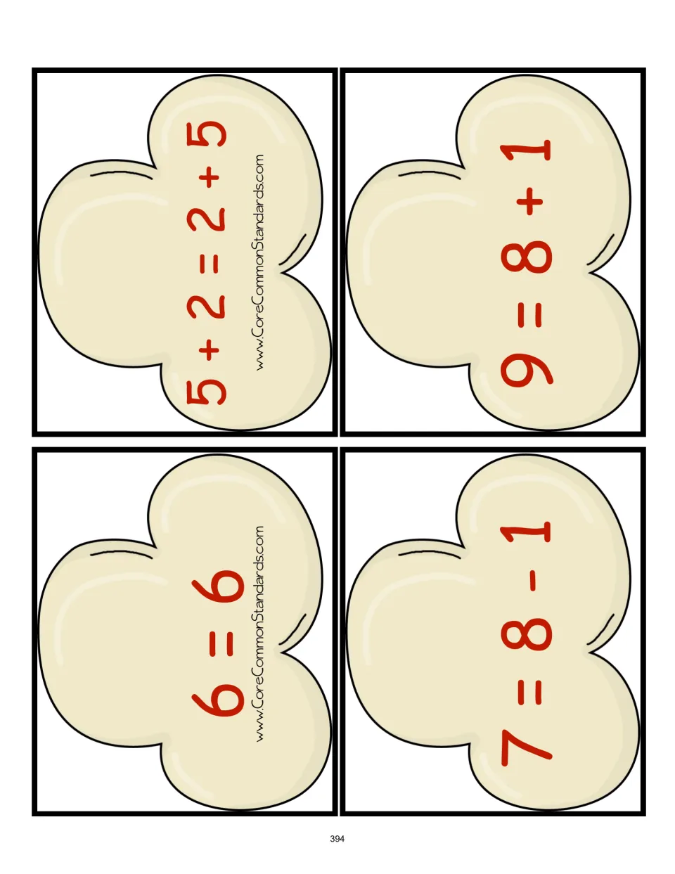 Popcorn equation cards 1–4 for true/false sorting: 6 = 6, 5 + 2 = 2 + 5, 7 = 8 − 1, and 9 = 8 + 1