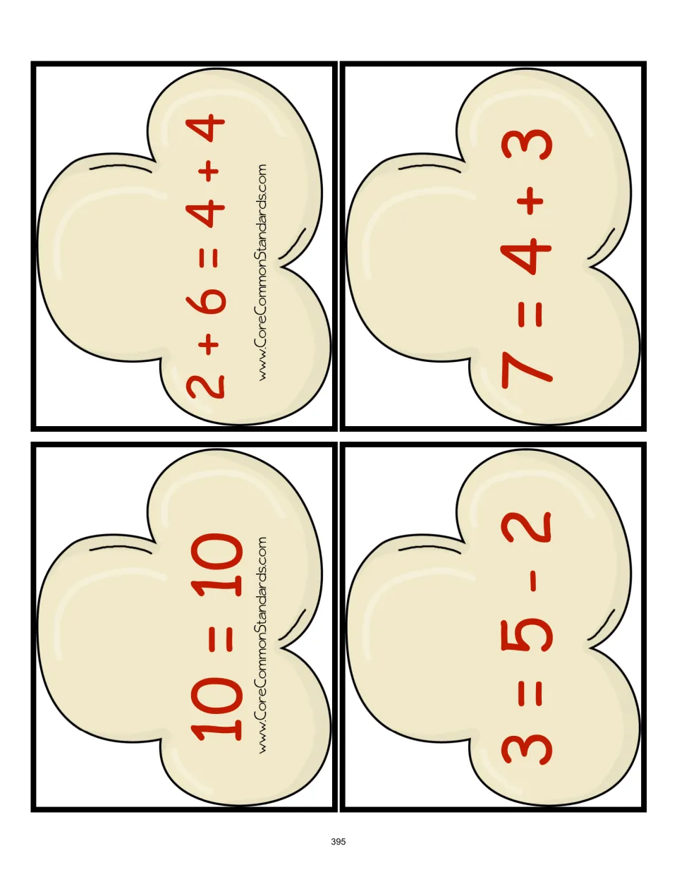 Popcorn equation cards 5–8 for true/false sorting: 10 = 10, 2 + 6 = 4 + 4, 3 = 5 − 2, and 7 = 4 + 3