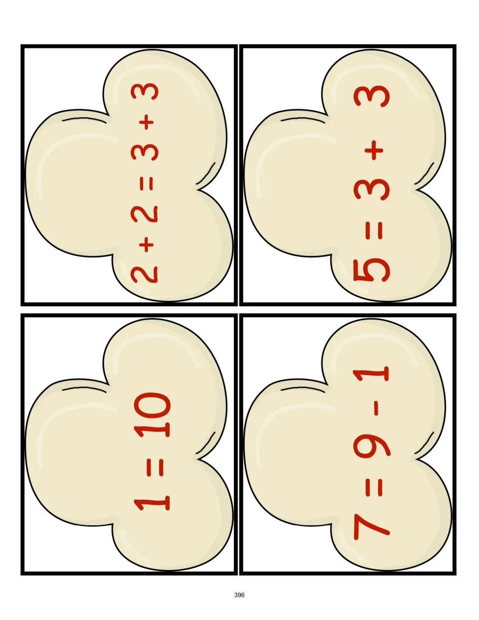 Popcorn equation cards 9–12 for true/false sorting: 1 = 10, 2 + 2 = 3 + 3, 7 = 9 − 1, and 5 = 3 + 3