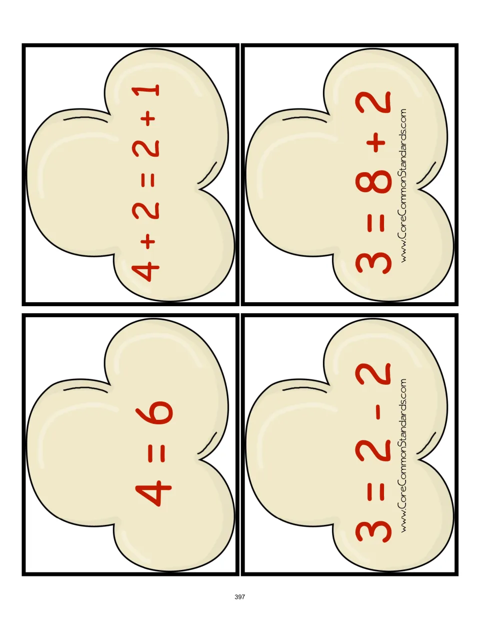 Popcorn equation cards 13–16 for true/false sorting: 4 = 6, 4 + 2 = 2 + 1, 3 = 2 − 2, and 3 = 8 + 2