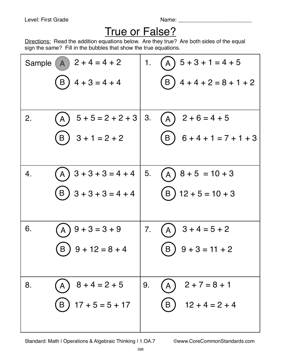 Addition true-or-false practice: nine items and a sample ask students to fill bubbles for true equations