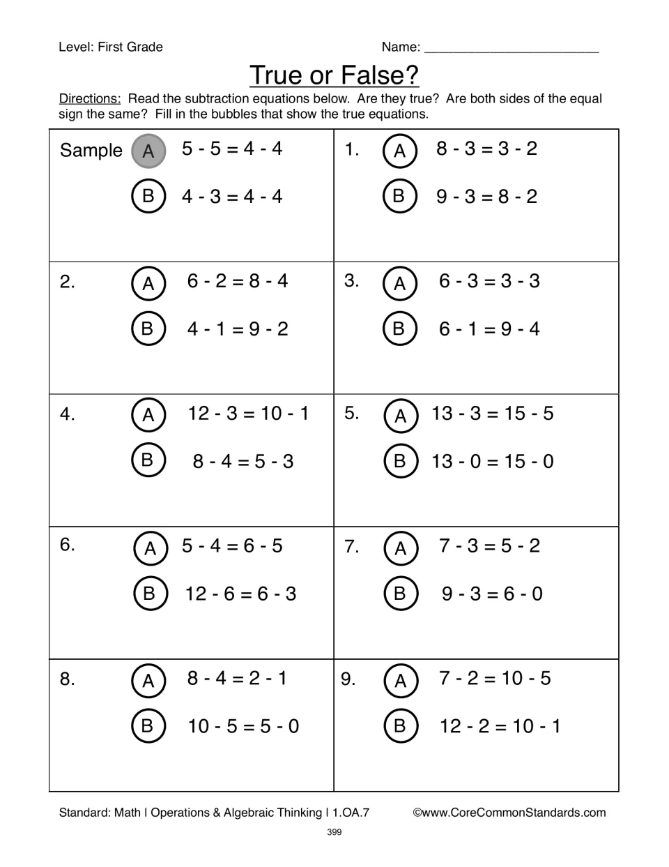 Subtraction true-or-false practice: nine items and a sample ask students to fill bubbles for true equations