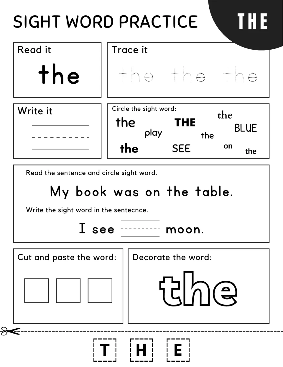 Sight word "the": students read, trace and write it, circle it in a word mix, complete "I see ___ moon." and paste T-H-E