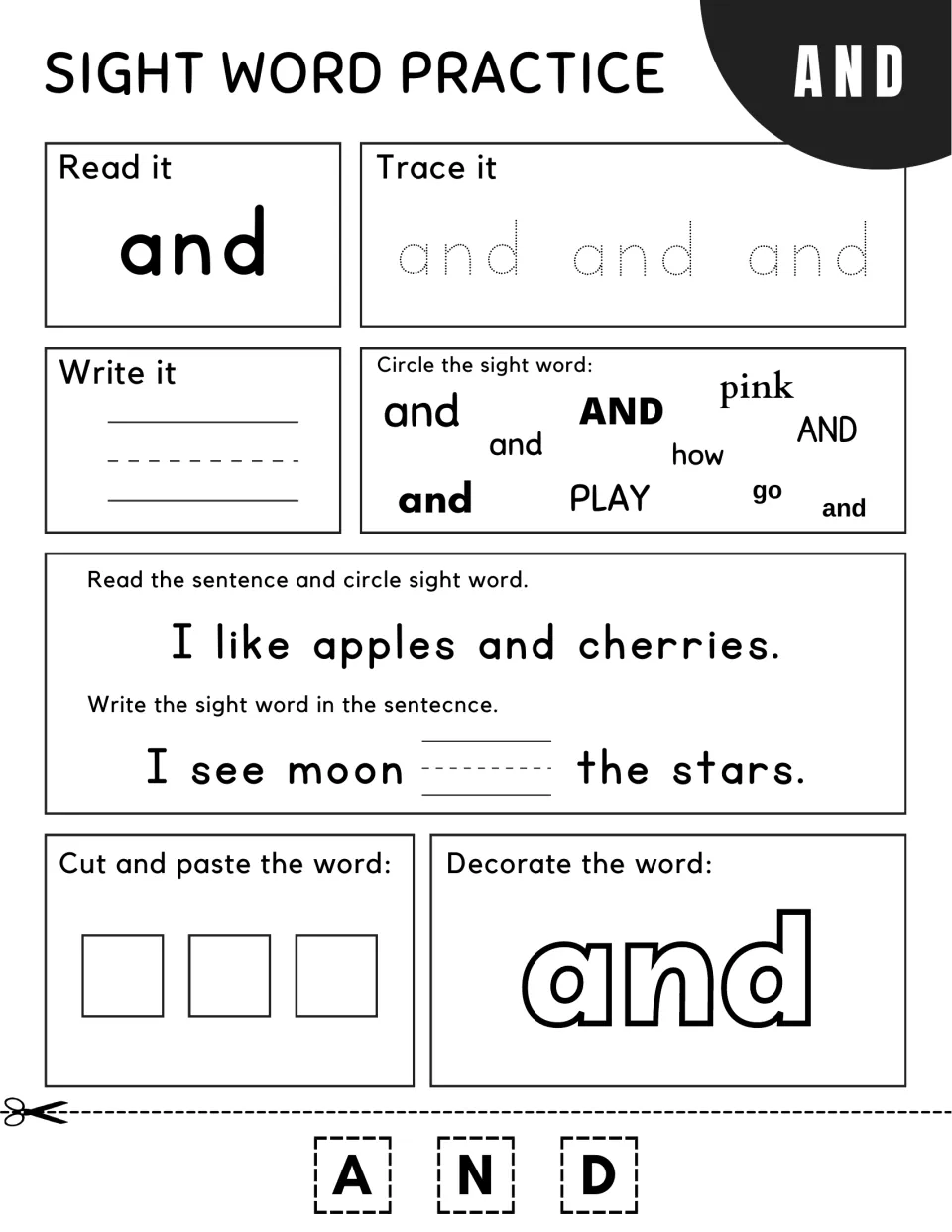 Sight word "and": children circle it in "I like apples and cherries.", write it in a stars sentence and decorate it