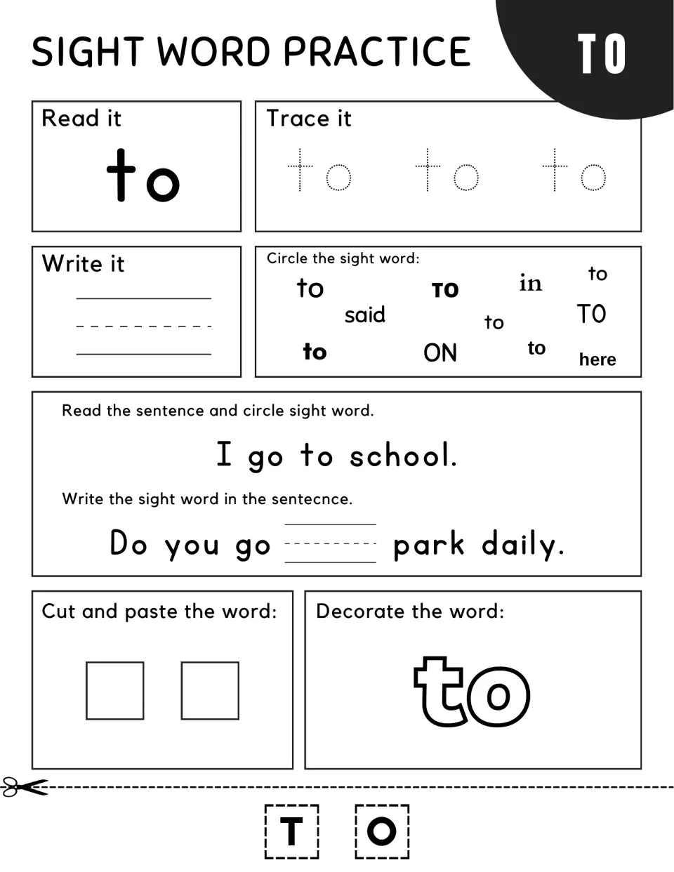 Sight word "to": learners circle it in "I go to school.", spot it among said, in and here, and write it in a park line