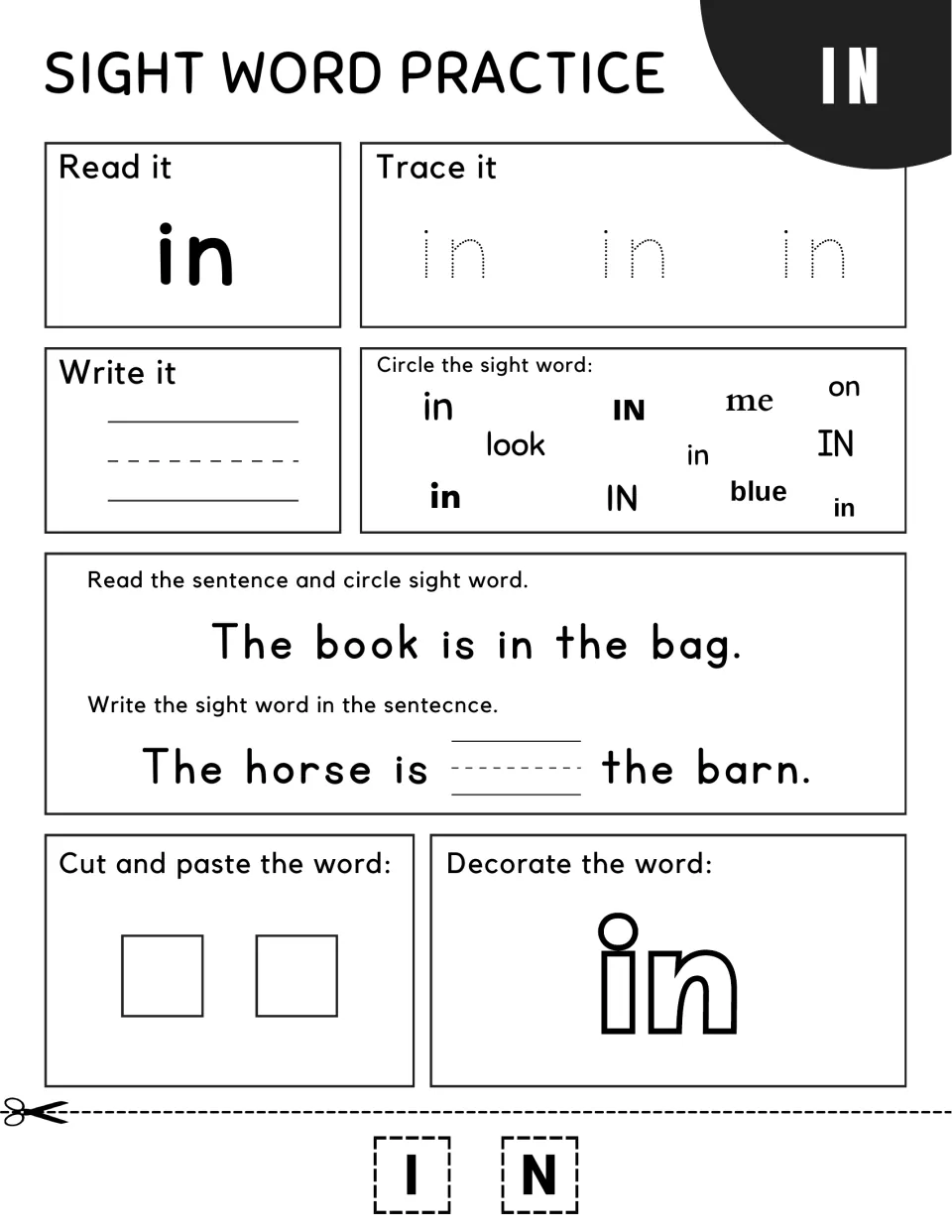 Sight word "in": students read "The book is in the bag.", fill in "The horse is ___ the barn." and glue I and N