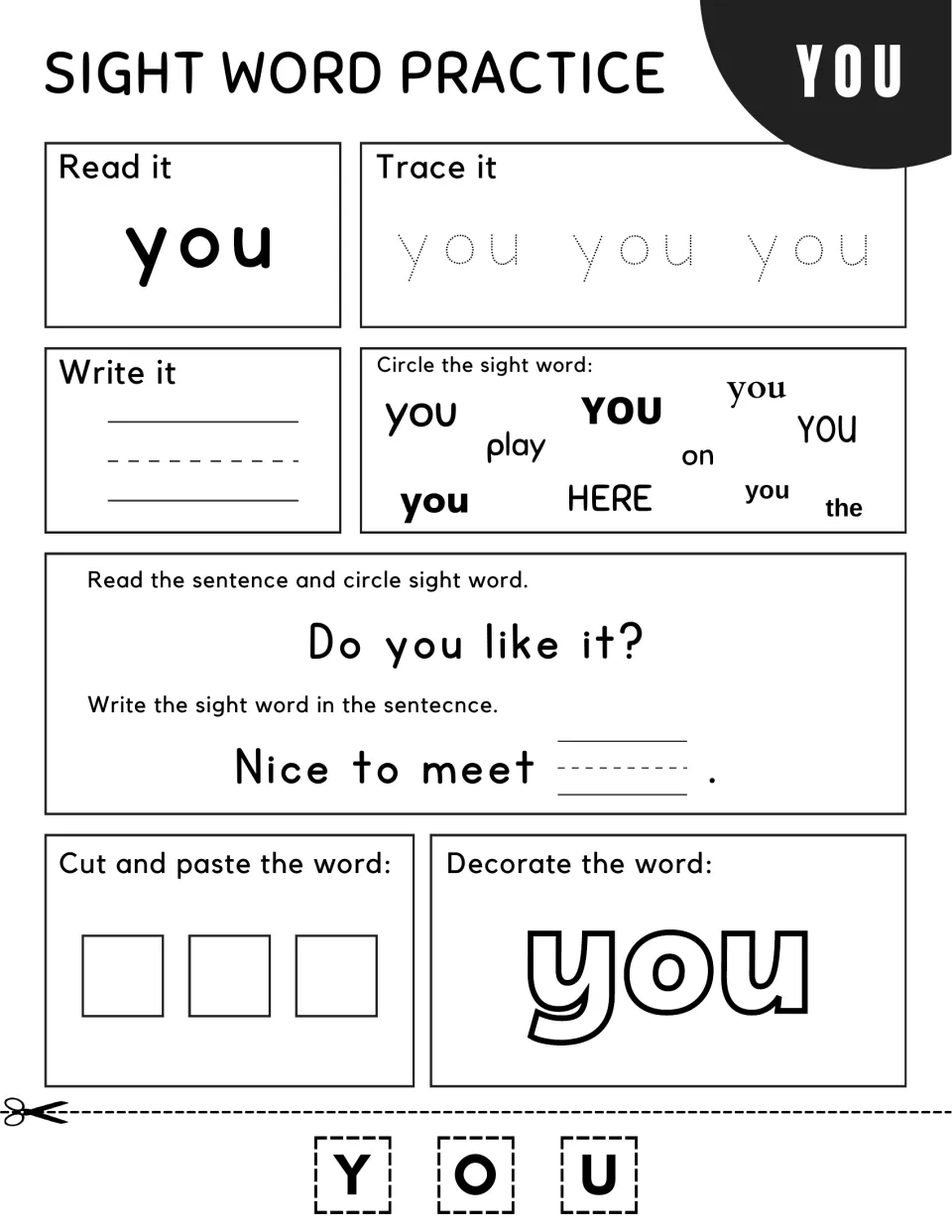 Sight word "you": students read "Do you like it?", finish "Nice to meet ___." and cut out Y, O and U to paste in order