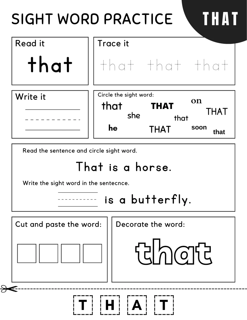 Sight word "that": learners circle it among she, he and soon, read "That is a horse." and write it in a butterfly line