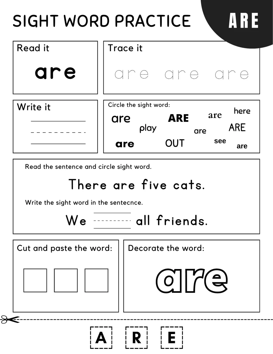 Sight word are: students read, trace and write are, circle it among play, OUT and see, fill in "We ___ all friends."