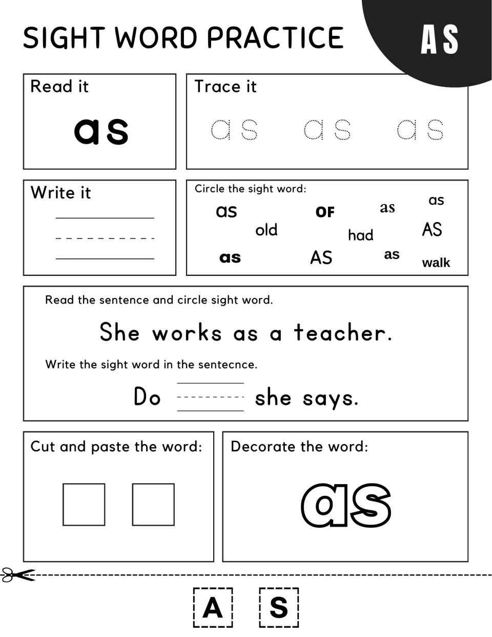 Sight word as: students trace and write as, circle it among old and had, read "She works as a teacher." and fill a blank
