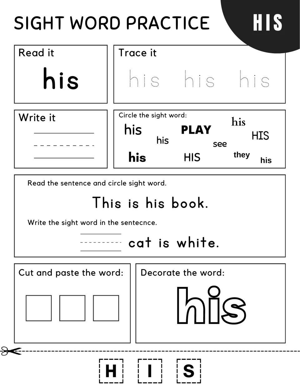 Sight word his: students trace and write his, circle it among see and they, read "This is his book." and decorate his