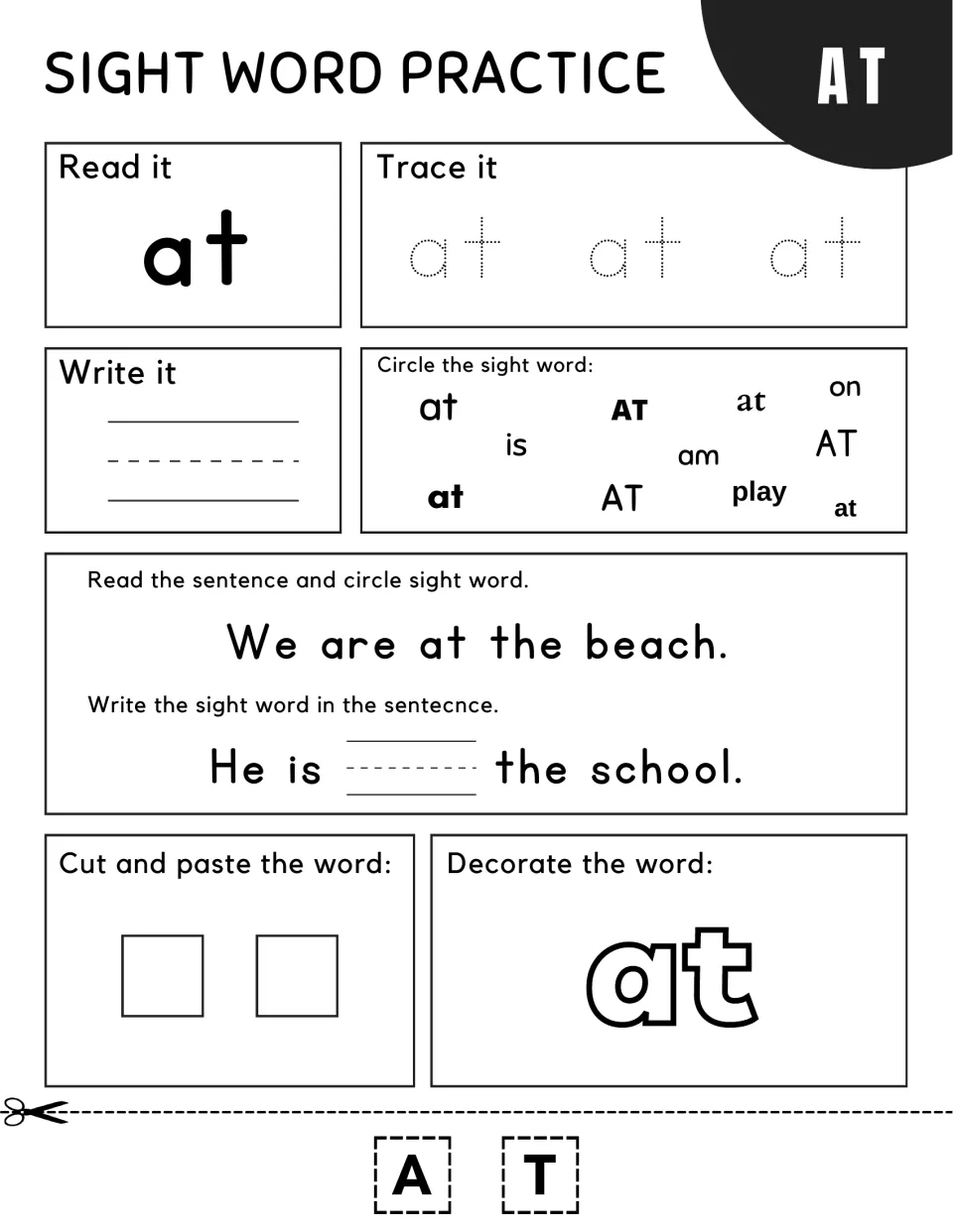 Sight word at: students trace and write it, circle it among words like on and am, and fill in "He is ___ the school."