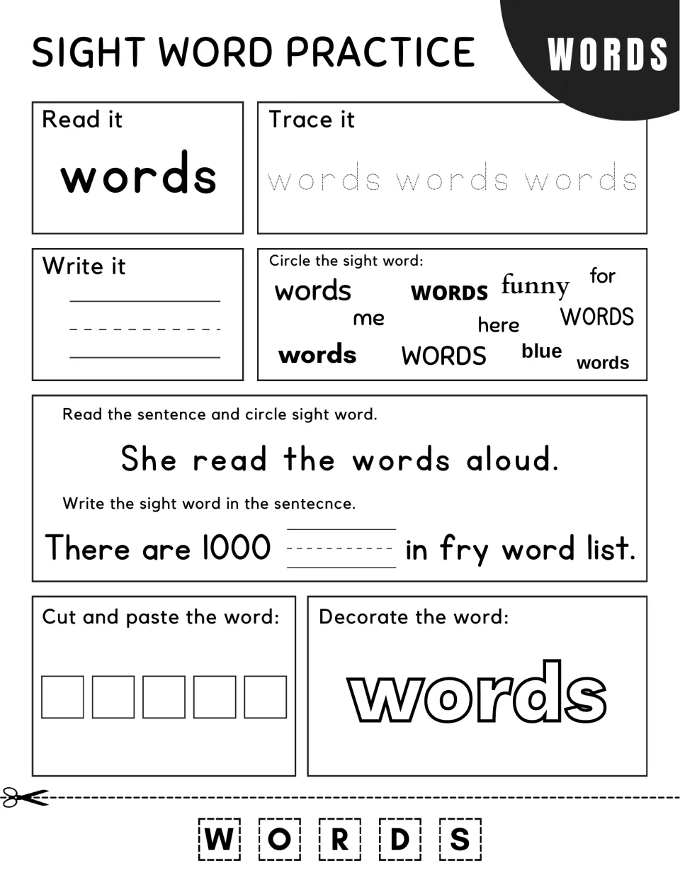 Sight word words: students trace and write it, circle it, read "She read the words aloud." and glue W-O-R-D-S