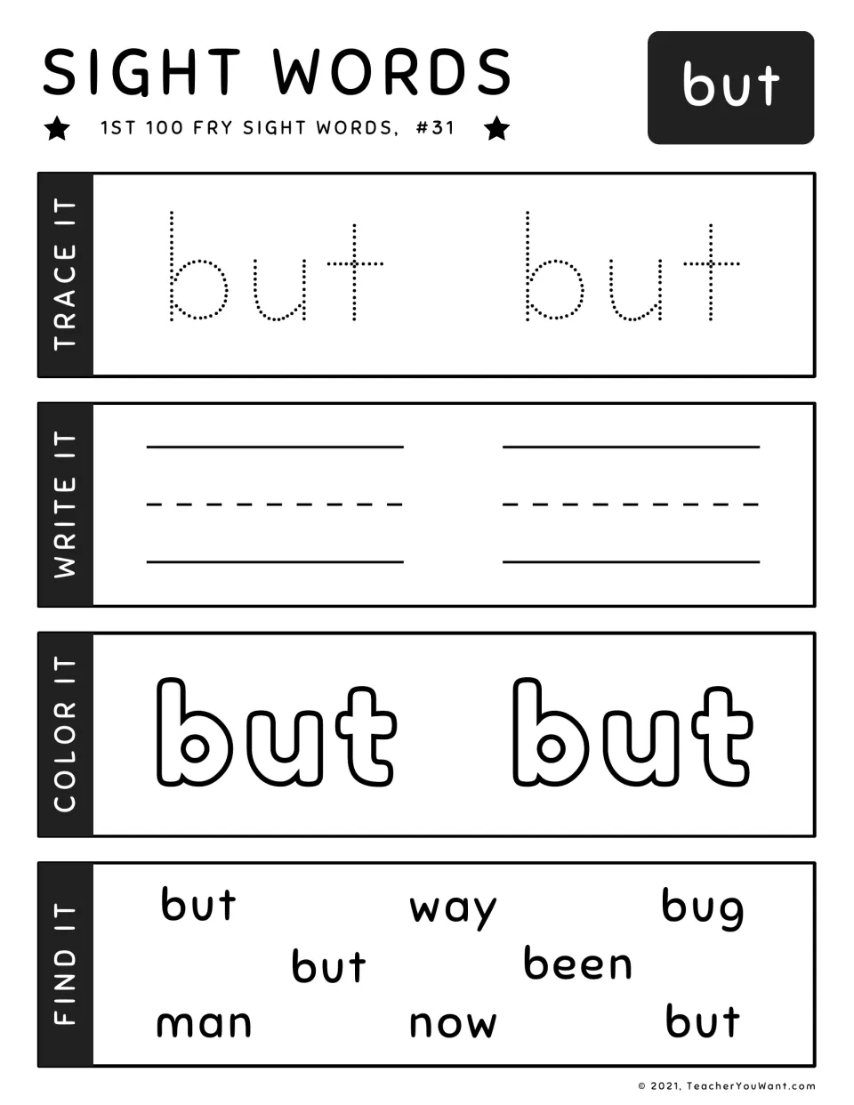 Sight word "but" #31: students trace and write it, color the outlined word, and find "but" among way, bug and man