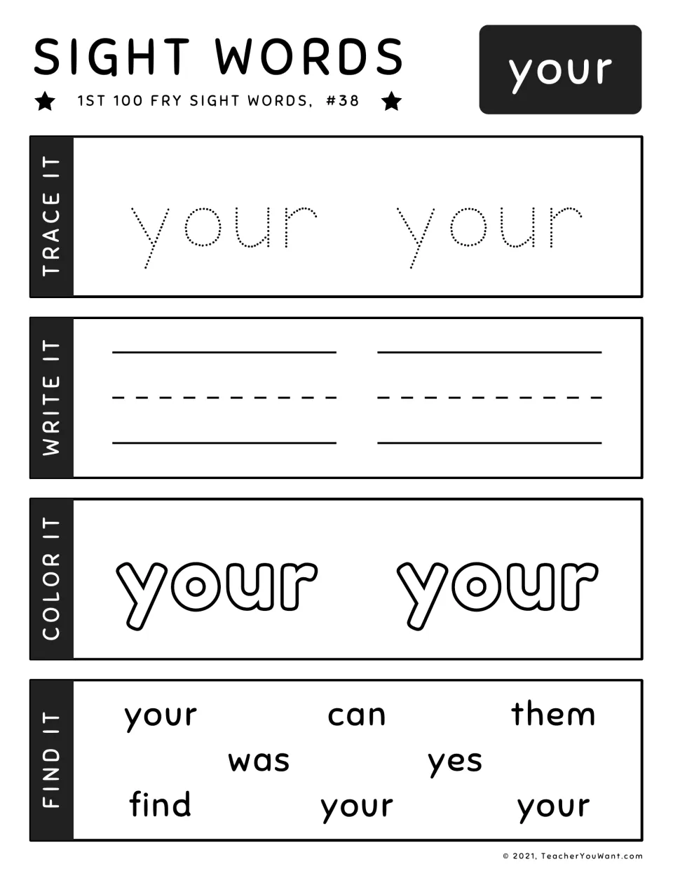 Sight word "your" #38: students trace and write it, color the outlined word, and find "your" among can, them and yes