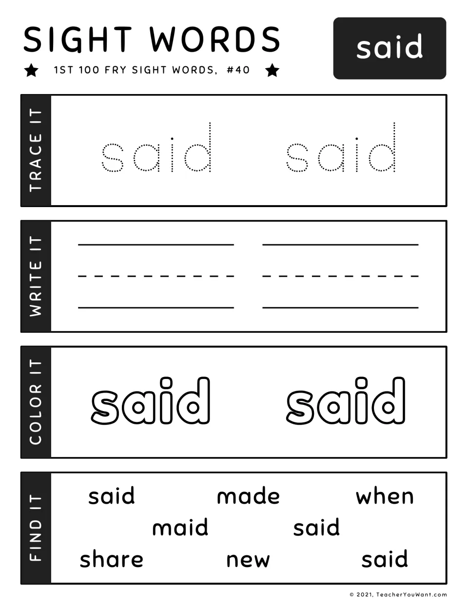Sight word "said" #40: students trace and write it, color the outlined word, and find "said" among made, maid and share