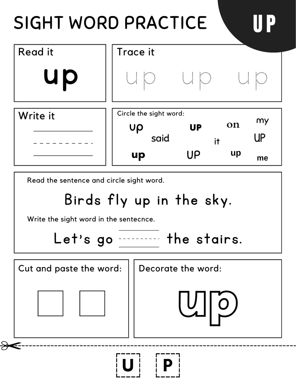Sight word "up": trace and write it, circle it in "Birds fly up in the sky," complete "Let's go ___ the stairs"