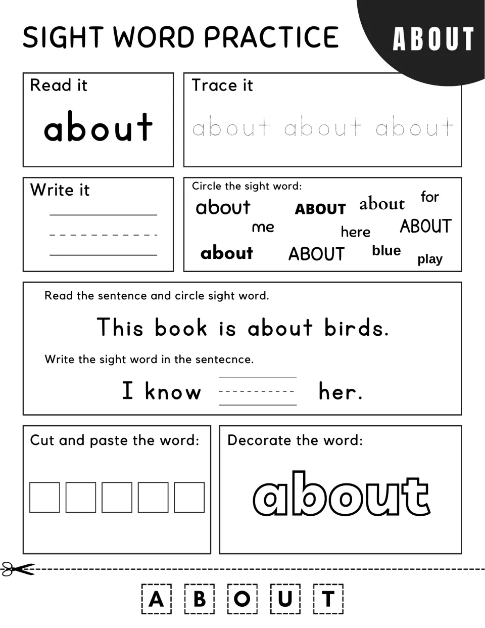 Sight word "about": read "This book is about birds," write it into "I know ___ her," then paste A-B-O-U-T letters