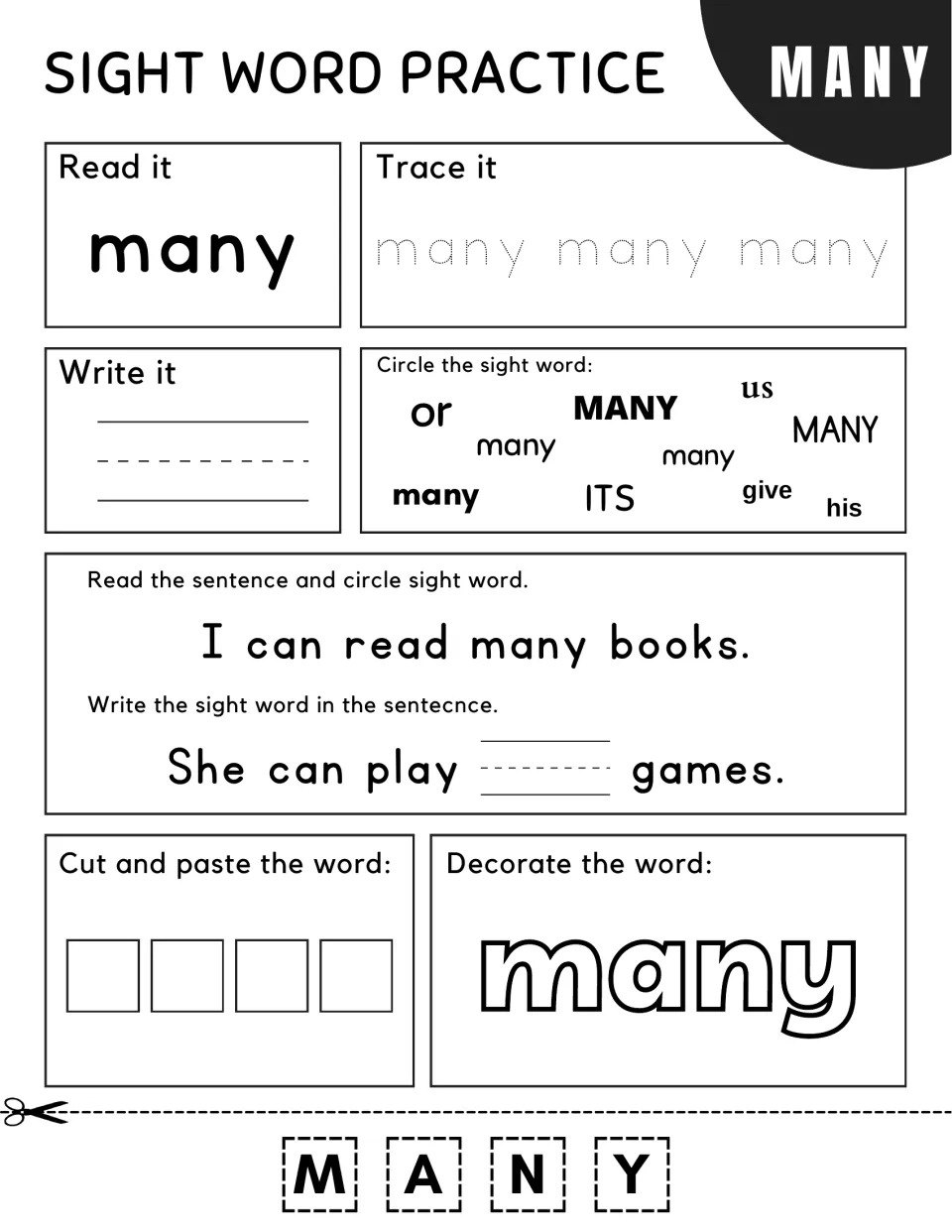 Sight word "many": circle it among or, its and give, read "I can read many books" and complete "She can play ___ games"
