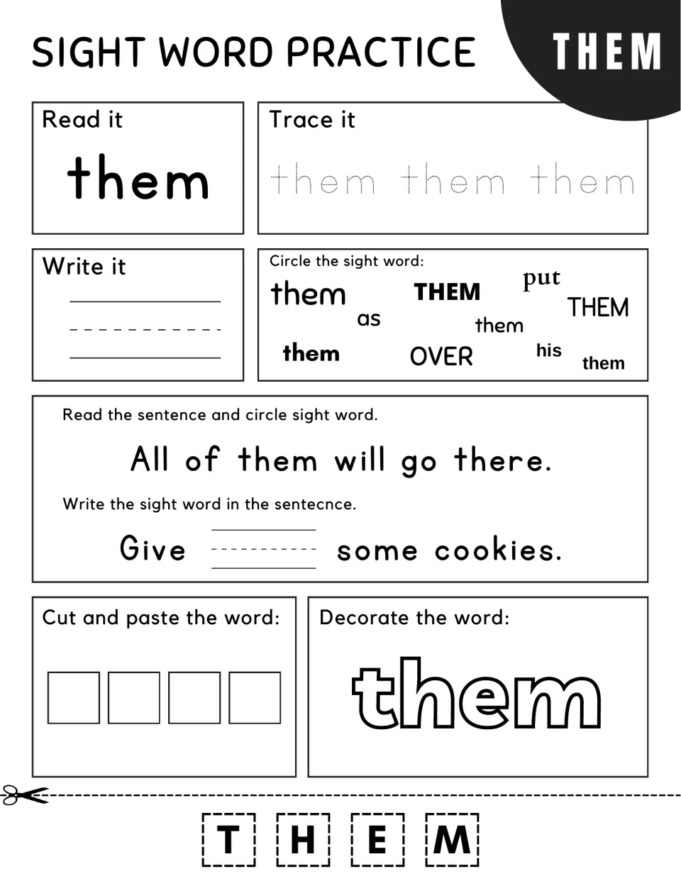 Sight word "them": circle it among as, over and put, read "All of them will go there" and fill "Give ___ some cookies"