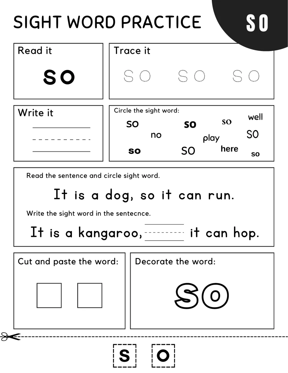 Sight word "so": read "It is a dog, so it can run," complete "It is a kangaroo, ___ it can hop," then paste S-O tiles