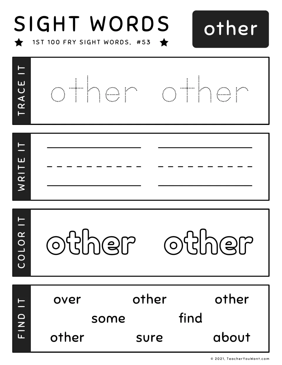 Sight word worksheet for 'other' (#53): trace, write, color, and find 'other' among words including 'over'.