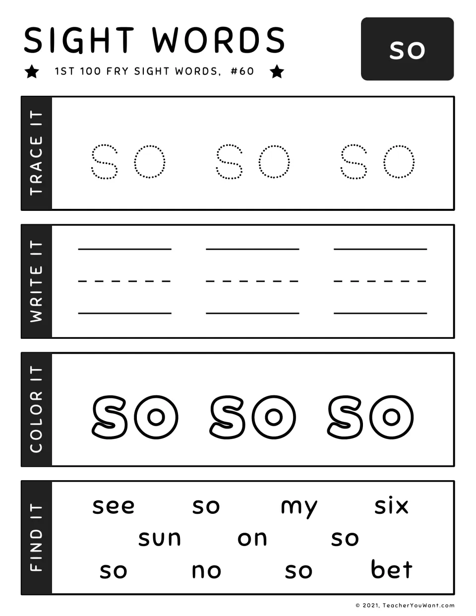 Sight word worksheet for 'so' (#60): trace, write, color, and find 'so' among words including 'see'.