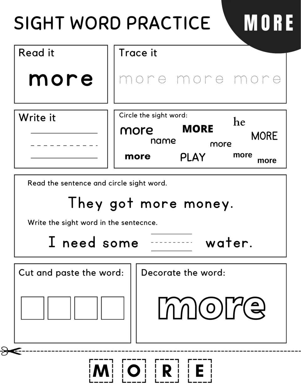 Sight word more: students trace and write it, find it in a word cloud, and complete "I need some ___ water" in a sentence