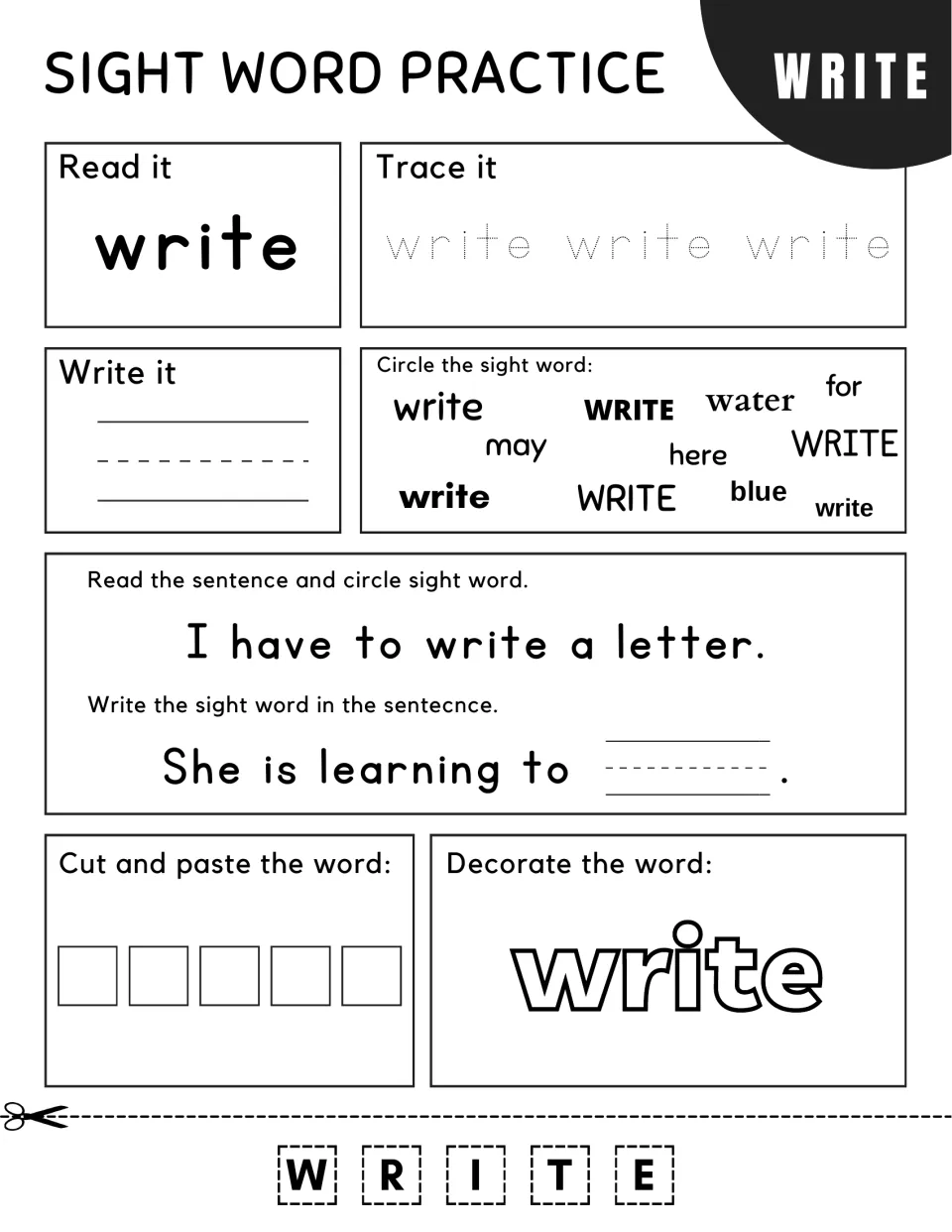 Sight word write: students trace it, circle it among words like water and blue, and finish "She is learning to ___"