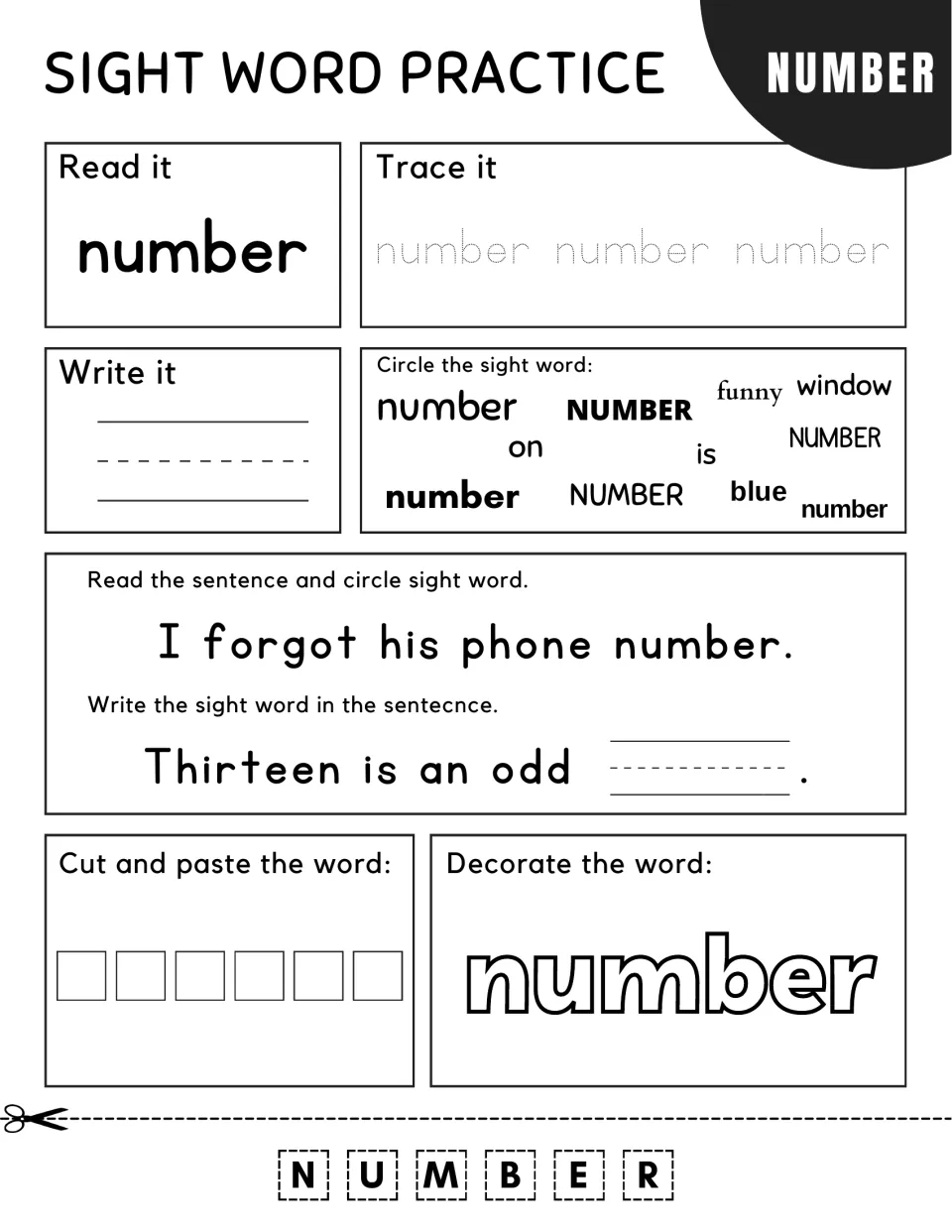 Sight word number: students trace and spell it, circle it in a phone number sentence, and finish "Thirteen is an odd ___"