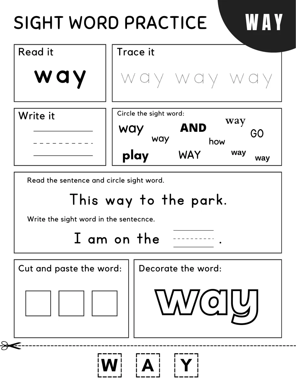 Sight word way: students spot way among words like play and how, then complete "I am on the ___" and paste W-A-Y letters