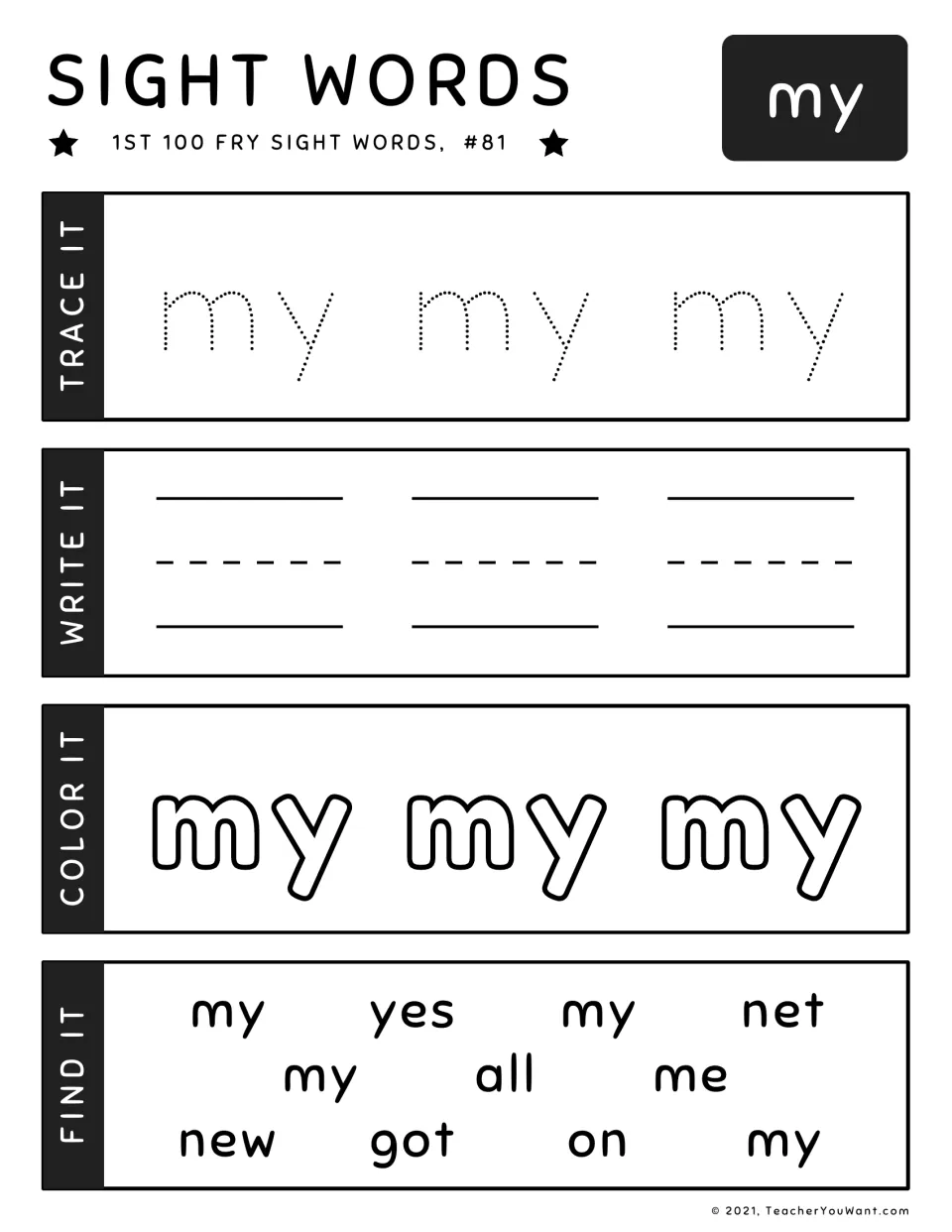 Fry sight word worksheet #81 for 'my': trace, write, color, and find the target word among other words.