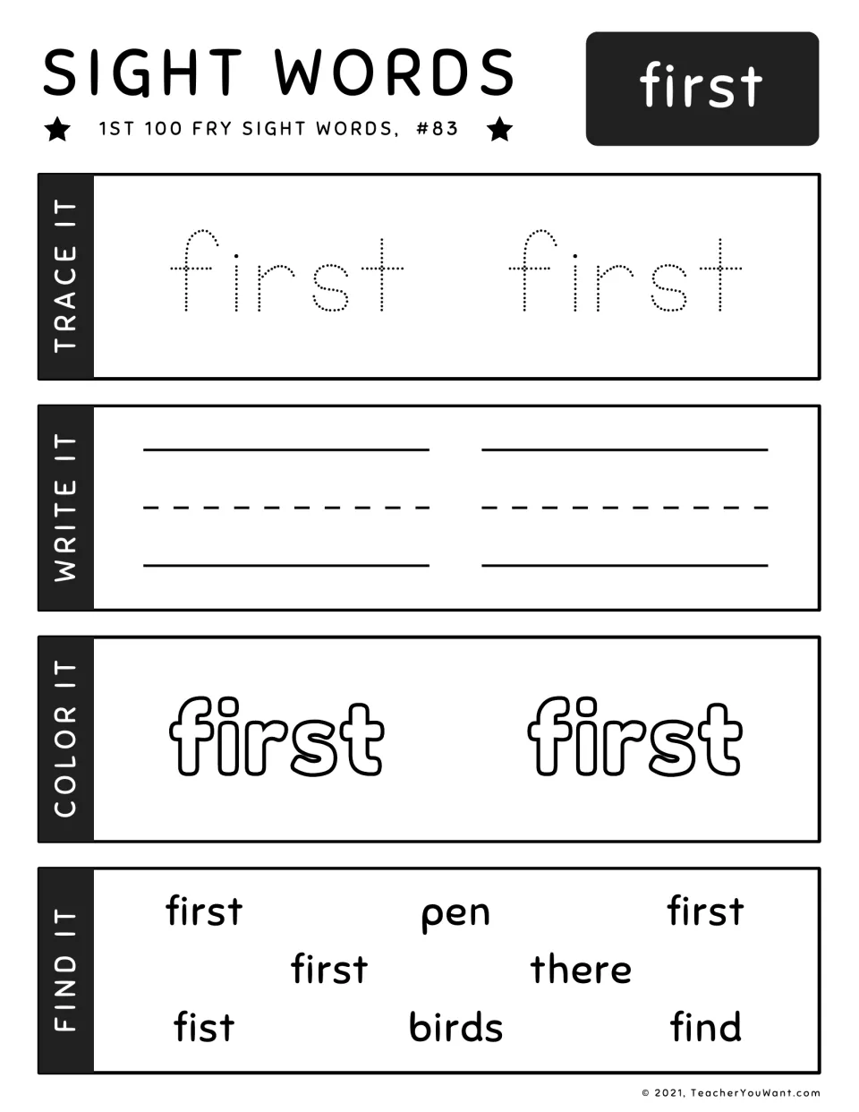 Fry sight word worksheet #83 for 'first': trace, write, color, and find the target word among other words.