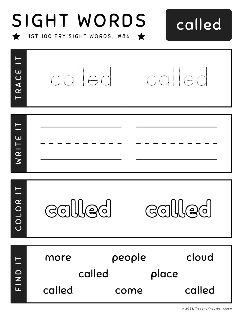 Fry sight word worksheet #86 for 'called': trace, write, color, and find the target word among other words.