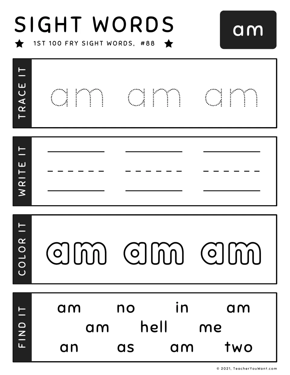 Fry sight word worksheet #88 for 'am': trace, write, color, and find the target word among other words.