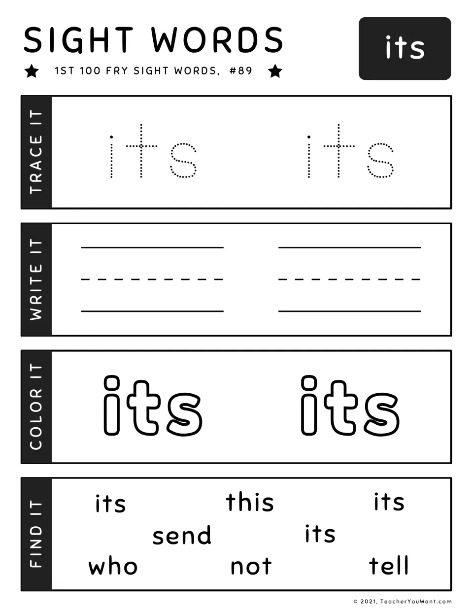 Fry sight word worksheet #89 for 'its': trace, write, color, and find the target word among other words.