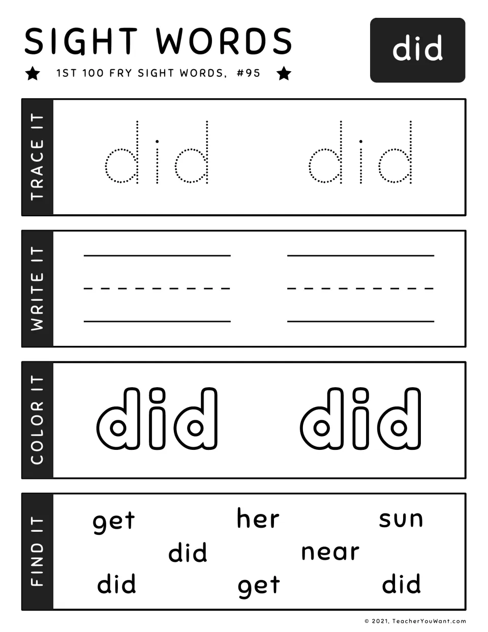 Fry sight word practice for 'did' (#95): trace, write, color, and find the word among other words.