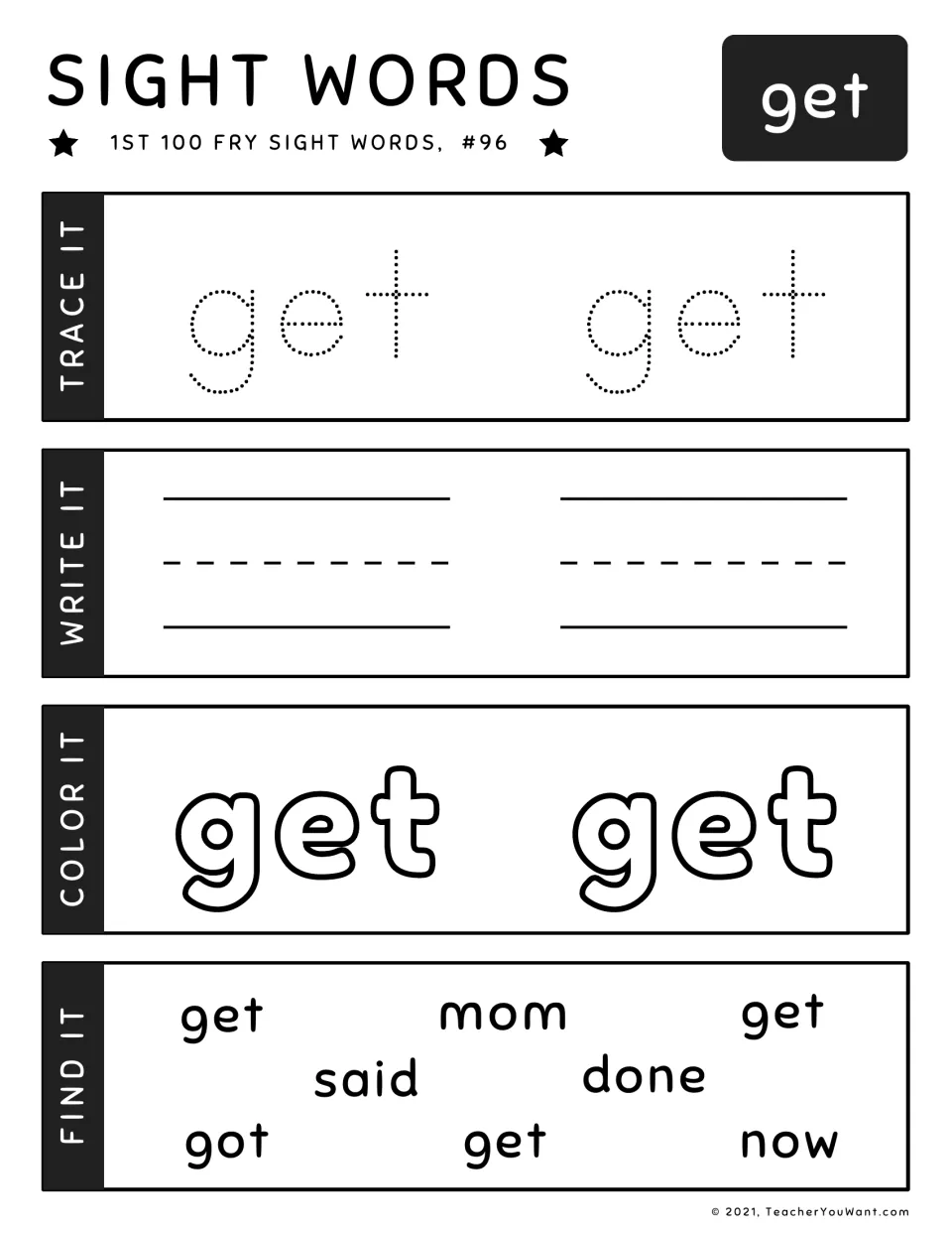 Fry sight word practice for 'get' (#96): trace, write, color, and find the word among other words.