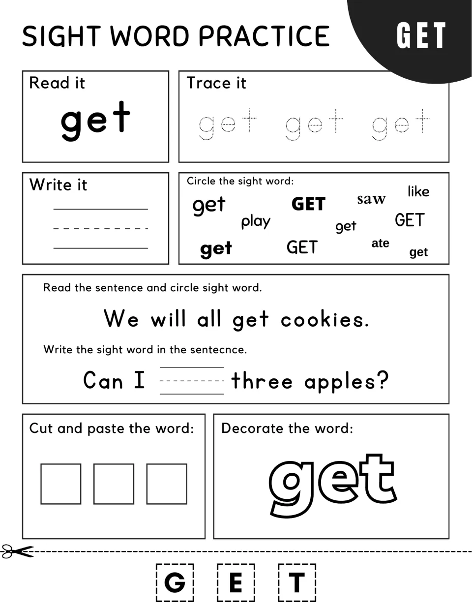 Sight word get: students circle get among saw, like and ate, fill in 'Can I ___ three apples?' and cut and paste G-E-T