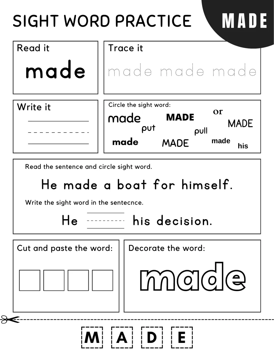 Sight word made: students read 'He made a boat for himself.', trace and circle made, then write 'He ___ his decision.'