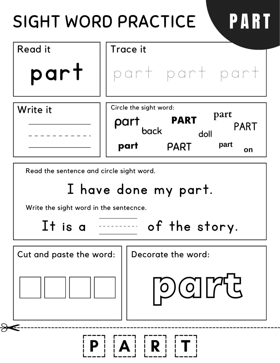 Sight word part: students trace part, circle it among back, doll and on, and complete 'It is a ___ of the story.'