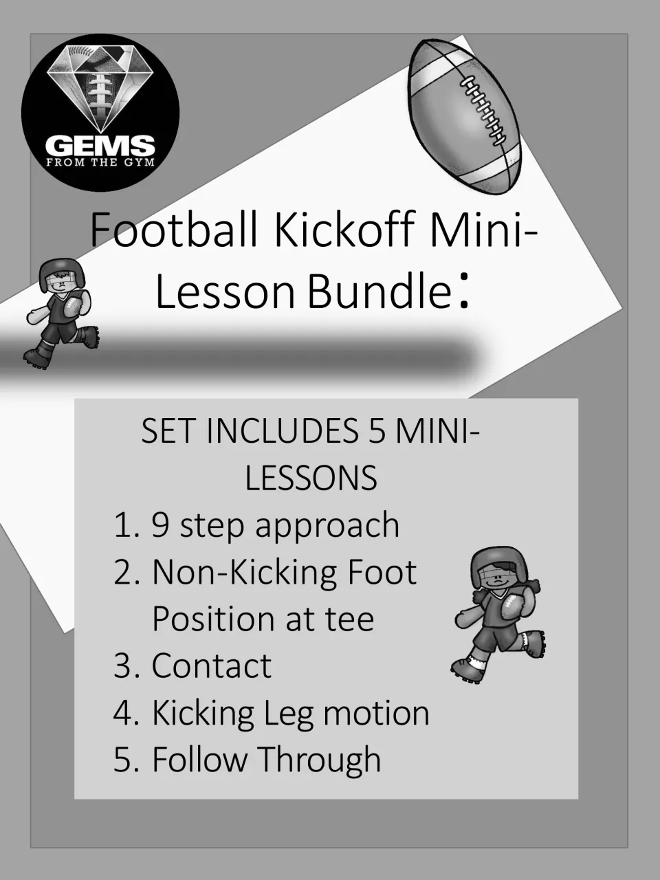 Mini-lesson bundle cover lists five topics: nine-step approach, foot position, contact, motion, and follow-through