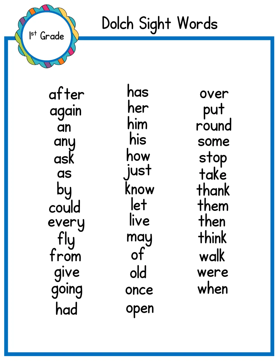 Dolch Sight Words list: all 41 first-grade words in alphabetical order, from after and again through were and when