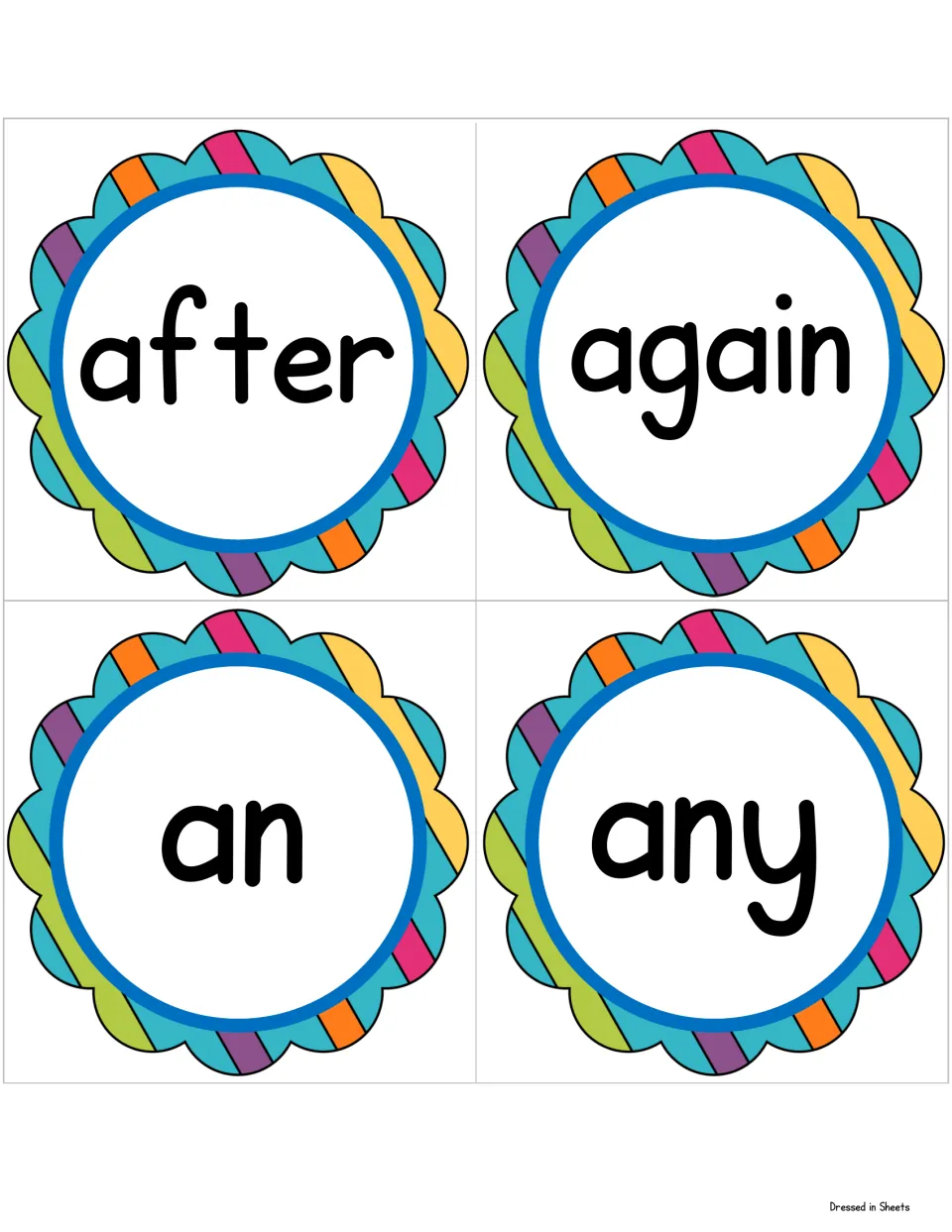 Sight word cards for after, again, an and any, each word printed large inside a colorful scalloped circle to cut out