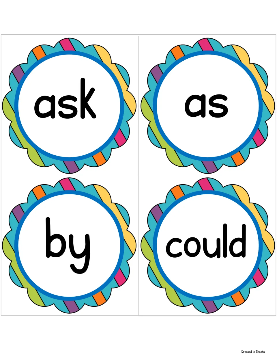 Word wall cards for ask, as, by and could in bold print on rainbow-striped flower circles for reading practice